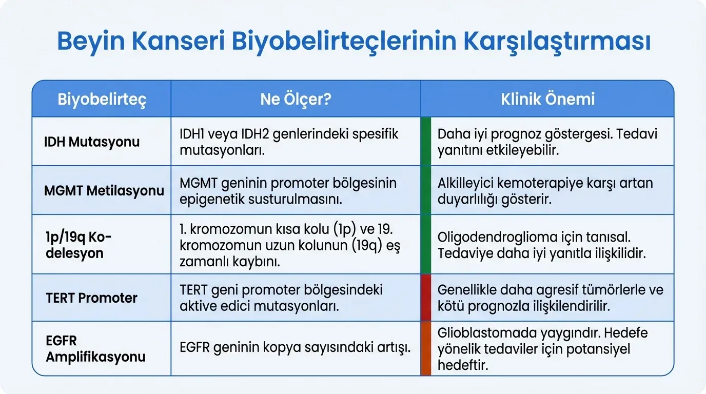 Beyin kanseri biyobelirteç karşılaştırma tablosu